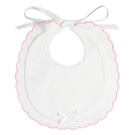 FILET - Elegant White Cotton Pique Bib, Pink Smarmelled Edge, Embroidered Aida Canvas Insert, Flap Closure, Made in Italy, Pink