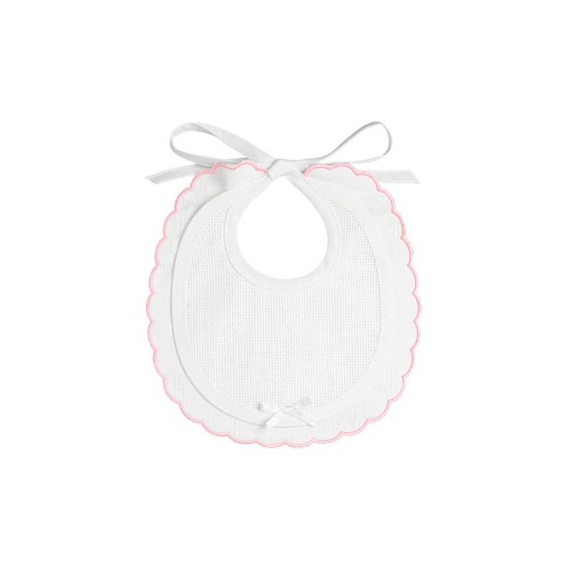 FILET - Elegant White Cotton Pique Bib, Pink Smarmelled Edge,