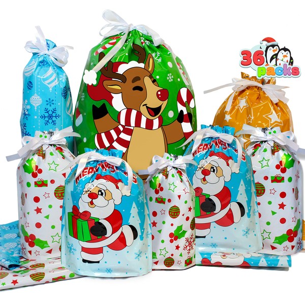 JOYIN 36 Christmas Holiday Drawstring Goodie Gift Bags Assorted Sizes for Kids Xmas Party Gift Wrapping Bags