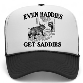 Even Baddies Get Saddies Trucker Hat | Funny Raccoon Bike Meme | Premium Snapback Hat for Women (US, Alpha, One Size, Black/White)