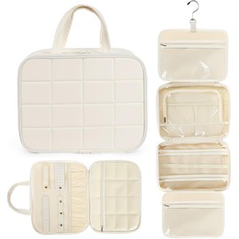 Double Layer Waterproof Cosmetic Bag with Hooks, Jewellery Bag, Hanging Travel Wash Bag for Women - Storage Bag for Shampoo, Toiletries and Jewellery, White (Large), White, 1