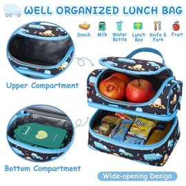 Lunch Box Bag for Kids,Kasqo Insulated Toddler Thermal Meal Tote Water Resistant Mini Cooler Bag for Boys Girls w Adjustable Strap for Back to School Daycare Kindergarten Picnic, Black Car