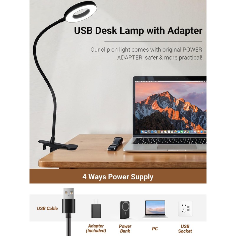 Clip on Lamp,5 Colors+10 Brightness LED Desk Lamp with Clamp,550lm