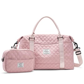 Travel Duffel Bag Weekender Bag for Women，Overnight Carry on Bag with Toiletry Bag, Gym Tote Bag with Wet Pocket,Grid Pink
