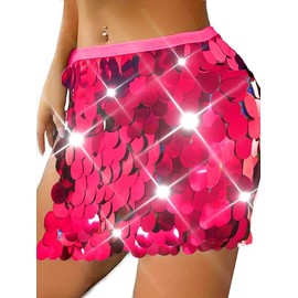 TWINKLEDE - Falda corta con lentejuelas grandes, para danza del vientre, falda de cadera brillante para fiestas de rave para mujeres y niñas, C Rosa intenso, 60 Regular