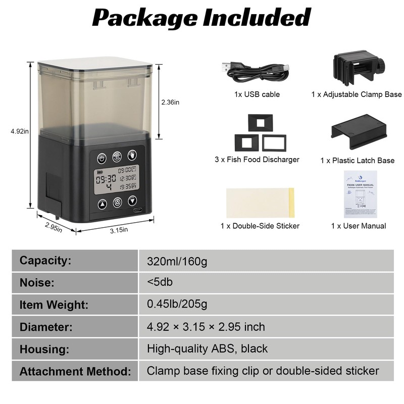 fishkeeper USB Automatic Fish Feeder for Aquarium, 320ML for 3~6