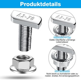 20 Piece Hammer Head Screws Set, T Hammer Head Screws, M8 x 20 mm, Screws with Locking Tooth Nuts, Flange Nuts for PV Solar Mounting Rails, Greenhouse and Photovoltaics