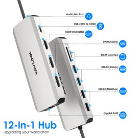 WAVLINK USB C HUB Triple Monitor, 12-in-1 Laptop Dock, Multiport Adapter, 4K HDMI, Dual 4K DP, 100W PD IN, 5Gbps USB3.0, USB2.0, RJ45, SD/TF Slot