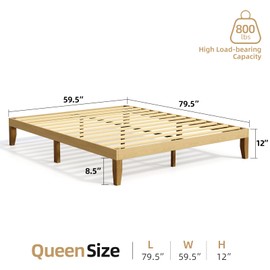 aaculpet Wood Bed Frame Queen Size, 12 Inch Platform Queen Bed Frame No Box Spring, Minimalist Bedframe with 12 Slats Support & 9 Pine Wood Legs, Wooden Bed Frames Without Headboard