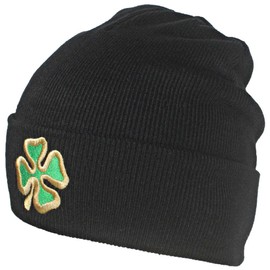 Best Winter Hats Adult Embroidered Shamrock 4 Leaf Clover Beanie - Black/Gold