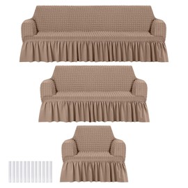 Fanfanwin 3 Pcs Sofa Slipcover Set for Couch Cushion Durable Washable High Elastic Stretchable Furniture Couch Covers with Skirt for Sofa Loveseat Arm Chair(Khaki,Seersucker)