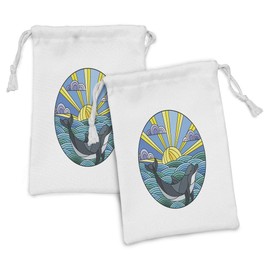 Lunarable Dolphin Fabric Pouch Set of 2, Stained Glass Look Circular Pattern, Small Drawstring Bag for Toiletries Masks and Favors, 9" x 6", White Multicolor