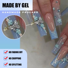 Ohhmisis Long Press on Nails Glitter French, Rhinestone Fake Nails with Nail Glue, 3D Flower and Butterfly False Nails Glue on Nails for Women 24 Pcs