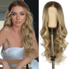 SOMIARIK 13x4 Hightlight Ash Blonde long wavy lace front wig for Women Pre-plucked With Baby Hair Middle Part Ombre Ash Blonde Wig Long Heat Resistant Hair Synthetic Wigs for Daily Party Wig 26 Inch
