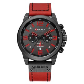 CURREN Chronograph Fashion Trend Multifunction Wrist Watch Waterproof Quartz Leather Strap Military Wrist Watch Black Red Luxury, black/red, Luxury