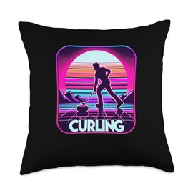 Vintage Curling Stone Sliding Curler Gift Idea Curling Retro 80's Winter Athletics Stone Sliding Curler Throw Pillow, 18x18, Multicolor