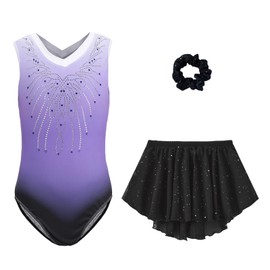 Cucudy Gymnastics Leotards Set For Girls - Skirt and Headband Gradient Color Sparkling Ballet Dancing Unitards Gymnastics Outfit Long Sleeve & Sleeveless for 5-12 Years