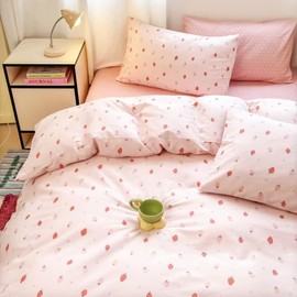 Michorinee Double Duvet Cover Set 100% Cotton Pink Strawberry Bedding Set 3pcs Cute Kawaii Cotton Comforter Cover with Zipper Closure and 2 Pillow cases 50 x 75 cm