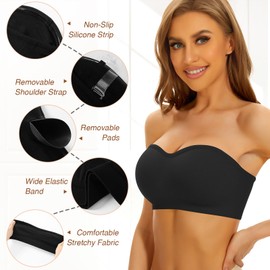 DOCUMO Strapless Bra for Women Padded Bandeau Bra Non-Slip Silicone Seamless Wireless Tube Top Bra (Black, Large)