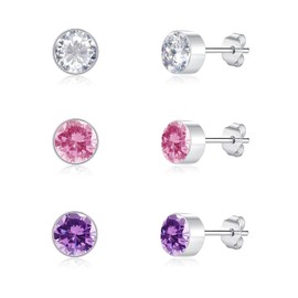 Loutade Silver Studs Earrings for Women, 3 Pairs 925 Sterling Silver Stud Earrings Set with Cubic Zircon, Hypoallergenic 6mm CZ Small Cartilage Silver Sleeper Stud Earrings Gift for Xmas Birthday