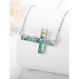 Zhi Kexin Mustard Seed Mountain Necklace for Women 925 Sterling Silver Sideways Cross Turquoise Mountains Pendant Christian Faith Jewelry Inspirational Gifts