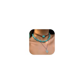 Long Turquoise Necklace for Women Western Necklace Boho Multilayered Long Turquoise Beads Cactus Pendant Choker Jewelry Birthday Gift Western Outfits