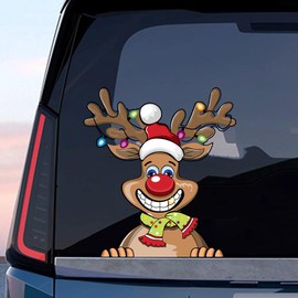 Leniutor 2PCS Christmas Reindeer Peeking Sticker, Cute Elk Window Decals for Car Window Bumper Stickers Christmas Car Decorations (Smiling Reindeer)