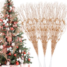 Palonu 26Pcs Rose Gold Artificial Glitter Berry Stems 17 Inch Fake Berry Branches Picks Decorative Glitter Sticks Twigs Christmas Tree Ornaments for DIY Xmas Wreath Vase Holiday Home Décor