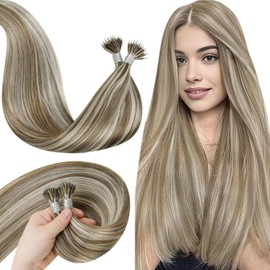 LaaVoo Nano Ring Hair Extensions Human Hair Brown Highlight Blonde Nano Beaded Hair Extensions #8/60 Nano Tip Human Hair 18 Inch 50 Grams 50 Strands
