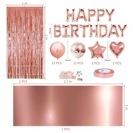 DAWNTREES Birthday Balloons for Girls, Birthday Decorations, Happy Birthday Party Banners, Rose Gold Tassel Curtains, Aluminum foil tablecloths, Heart-Shaped Star foil Confetti Balloons.(Pink)