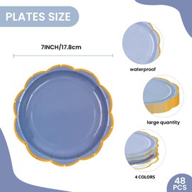 EVYIENEN Pack of 48 Blue Party Plates, 18 cm Disposable Dessert Plates with Gold Foils, Colour Gradient in Fan-Shaped Design, for Bridal Shower, Girls, Baby Shower, Graduation, Wedding Accessories