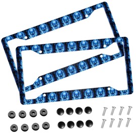 Muishi【2pcs】 Blue Fire Skull License Plate Frame Aluminum License Plate Holder Funny License Plate Decorative with Screws Size 12.3" X 6.3" Men Women