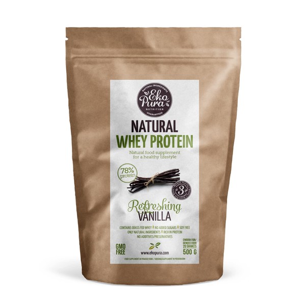 Ekopura Natural Whey Protein - Vanilla - 500g | 78% Protein | 100% Natural Grass Fed Whey| Hormonfrei, GMO-frei, Soja-frei, ohne Zusatzstoffe, ohne Zuckerzusatz | Muskelwachstum und Erholung