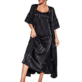HANERDUN Women Glitter Striped Satin Nightdress Spaghetti Strap Chemises Slip Sleepwear Short Sleeve Long Dress Nightgown Black