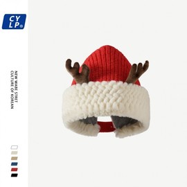 Cute Red Christmas Antler Plush Knit Hat for Women (Winter) Free Size/Black+M(56-58cm) 2ea