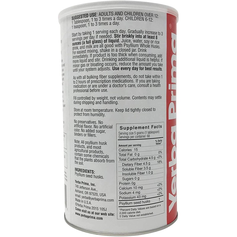 Yerba Prima Psyllium Whole Husk, 1 Bottle 12 oz -