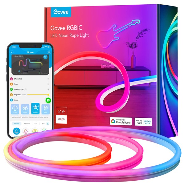 Govee Neon RGBIC Rope Lights with Music Sync, DIY Design, Works with Alexa, Google Assistant, 10ft LED Strip Lights for Gaming, Bedroom Living Room Decor (Not Support 5G WiFi)
