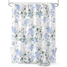 Litter Star Shower Curtain Bathroom Set Summer Watercolor Blue Hydrangea Waterproof Fabric Shower Curtains with Grommets&Hooks Pastoral Eucalyptus Leaf Privacy Bath Curtain for Bathtub Decor 72x72IN