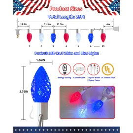 Red White and Blue Decorations Patriotic Lights Outdoor, 25Ft Red White Blue Lights 25 LED Strawberry C9 Christmas Light, Plug in 4th of July Light for Indoor Party Memorial Day Independence Day