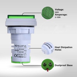 Aideepen 22 mm AC Current Voltage Tester, LED Indicator Light, Digital Display, Voltmeter, Ammeter, Frequency Meter, Multimeter Panel, AC 60-500V, 0-100A, 0-99Hz, Mini Square (Green)