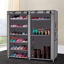 9 Tier Shoe Rack, Space Saving Portable Shoe Rack Storage Organizer, 10 Tiers 9 Lattices Non-Woven Waterproof Fabric Cover Shoe Rack (Grey, Double Rows 9 Lattices)