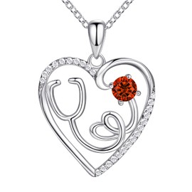 AmorAime 925 Sterling Silver Heart Necklace Nurse Necklace Stethoscope Birthstone Necklace for Doctor Medical Student for Festival, Vacation or Holiday