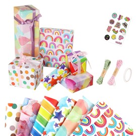 Mumoo Cat 50 x 70 CM Rainbow Gift Wrap Paper Set, 6 Sets of Colourful Wrapping Paper with String and Stickers for Valentine's Day, Birthdays, Graduations and Other Gift Wrappings (Rainbow)