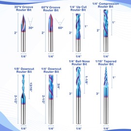 HQMaster CNC Router Bits 1/4 Inch Shank Carving Bit 8 Pcs Set for Wood Detail Profile V Groove Engraving Solid Carbide CNC Router Bit Collection