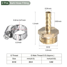 YOKIVE 2 Pack Barb Hose Fitting, Brass Barbed Air Hose Connector Adapter with Clamp, Great for Transporting Water Fuel (6mm Barb x G1/2 Male)