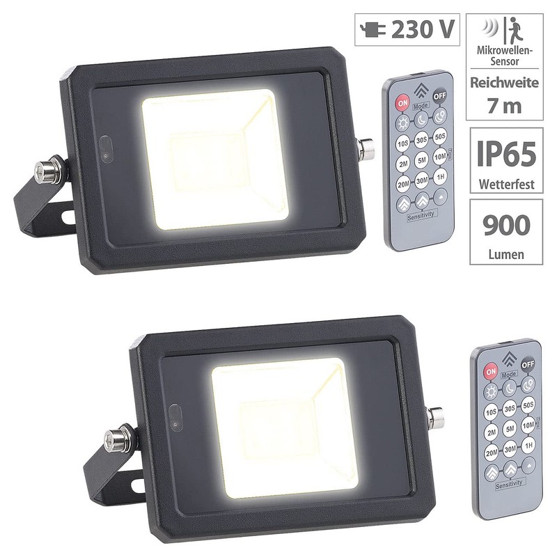 Luminea LED Floodlight Remote Control: Set of 2 Weatherproof LED