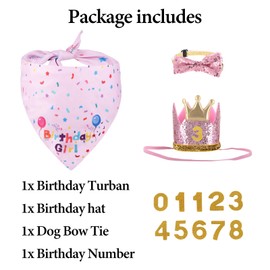 Dog Birthday Party Supplies Bandanas Bow Tie Hat Girl Dog Birthday Crown with Numbers Set for Dogs Pets (Pink)
