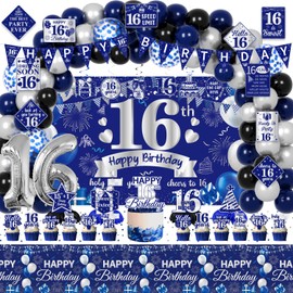 FrozzlyFun 16th Birthday Decorations for Boys, 113Pcs Blue Silver 16 Years Old Boy Bday Party Decor Supplies for 16th Teenager - Backdrop, Banner, Tablecloth, Centerpieces, Hanging Swirls, Wall Signs