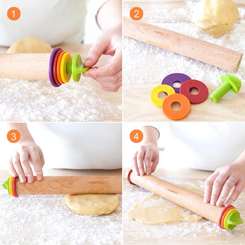 Mepple Rolling Pin with Thickness Rings for Baking,Fondant, Pizza, Pie