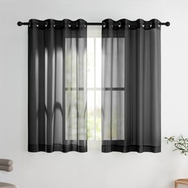 PONY DANCE Net Curtains for Windows 45 drop, Black Voile Panels Eyelet Top Semi Transparent Short Sheer Curtains for Kitchen/Living Room, Lightweight Window Treatment Set of 2, 54 x 45 inches